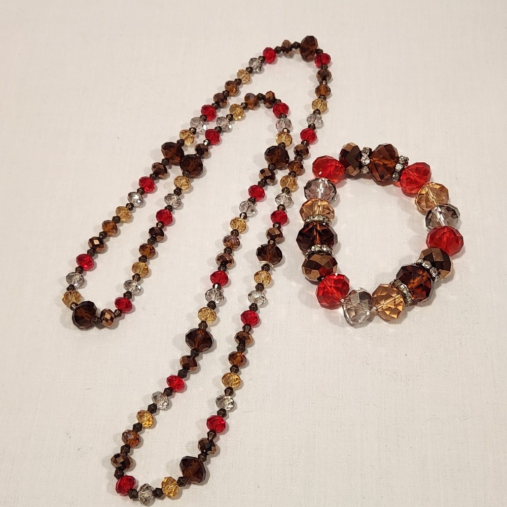 Beaded Necklace and Bracelet Set Red Brown Gold Sparkle Jewelry